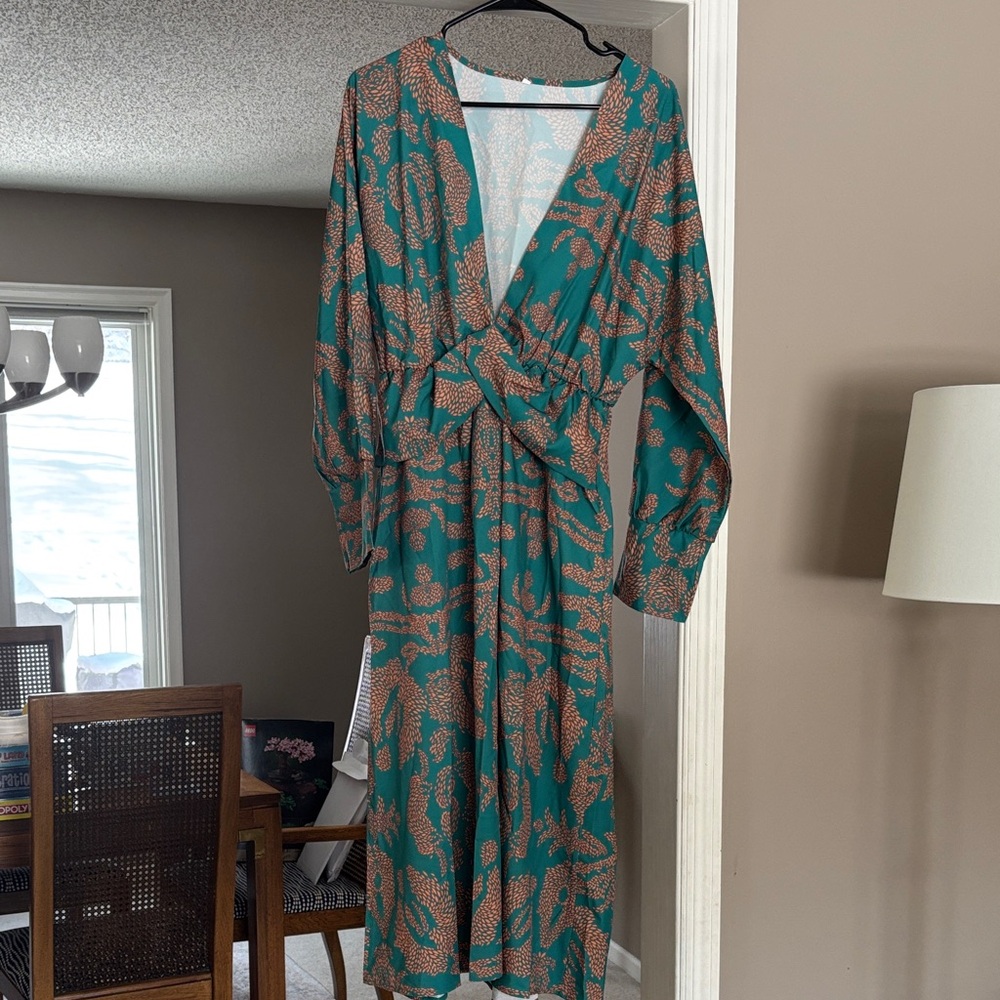 Elegant Teal and Brown Wrap Dress